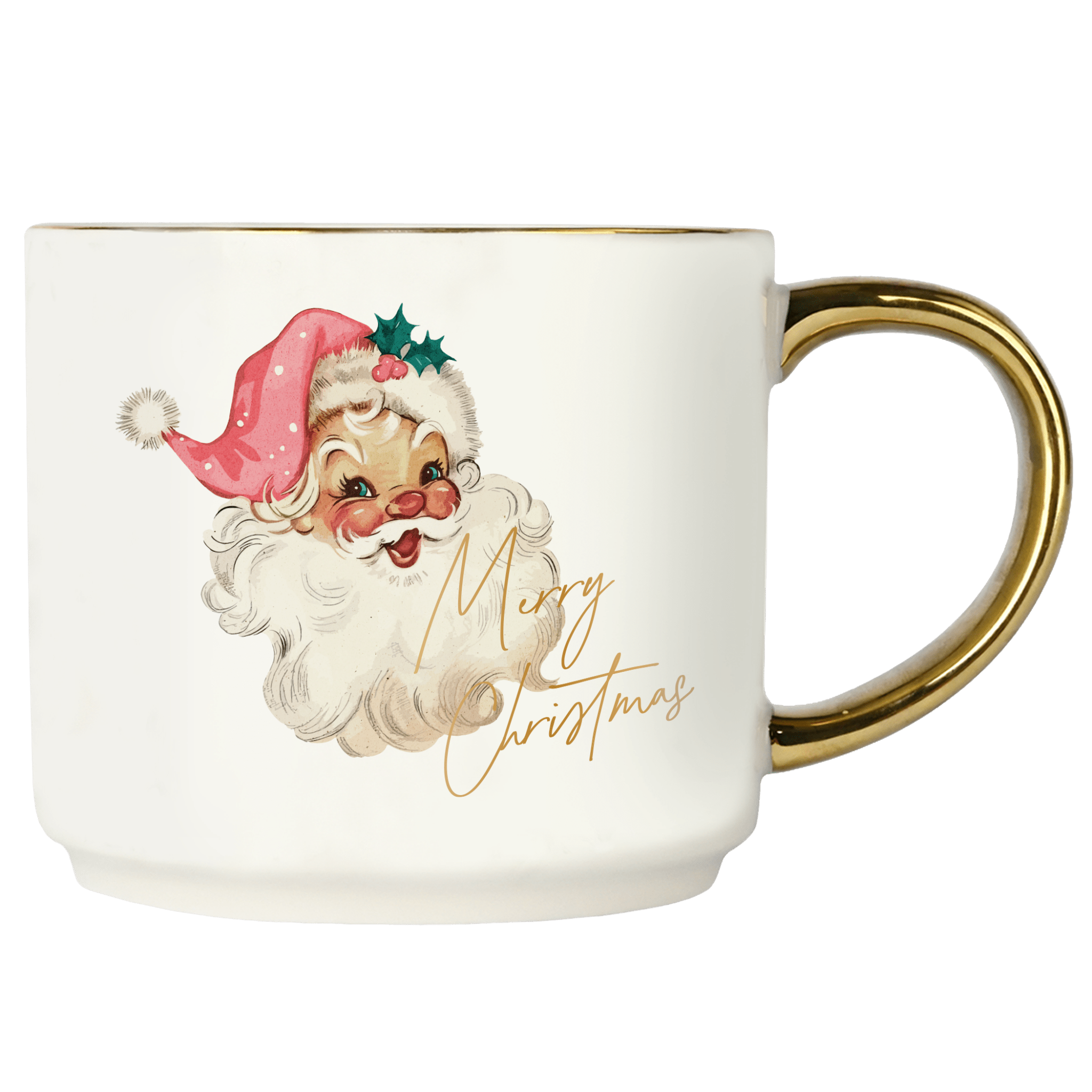 White mug with Santa Claus illustration and 'Merry Christmas' text on a white background