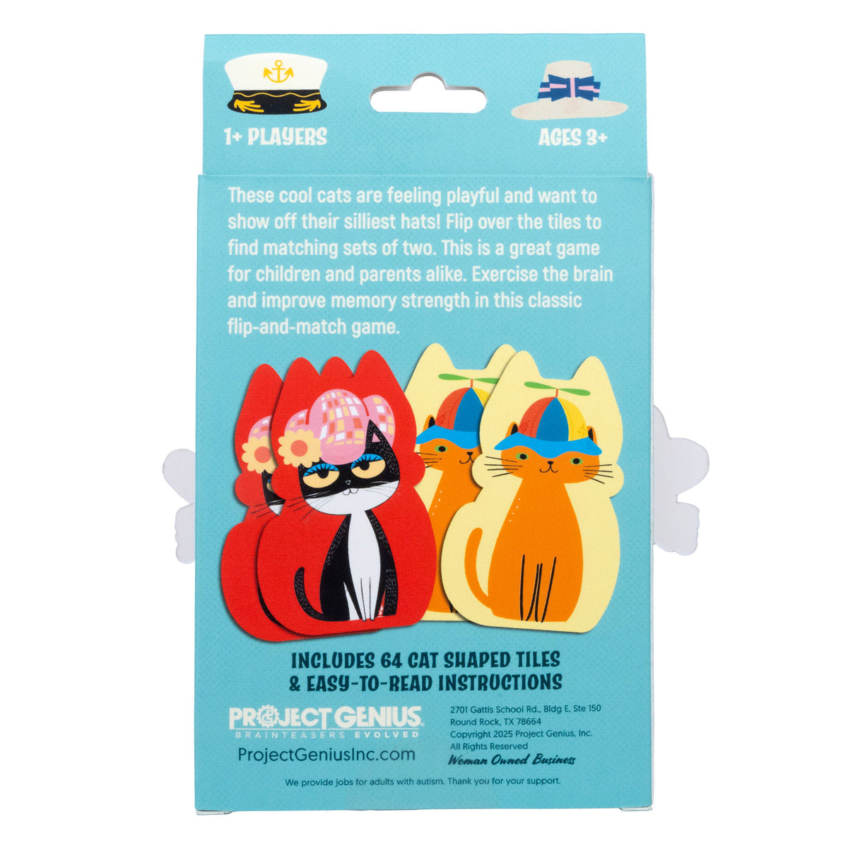 Project Genius 'Cool Cats' flip-and-match game packaging, featuring a light blue box with illustrations of three colorful cat figures wearing hats and text describing the game.