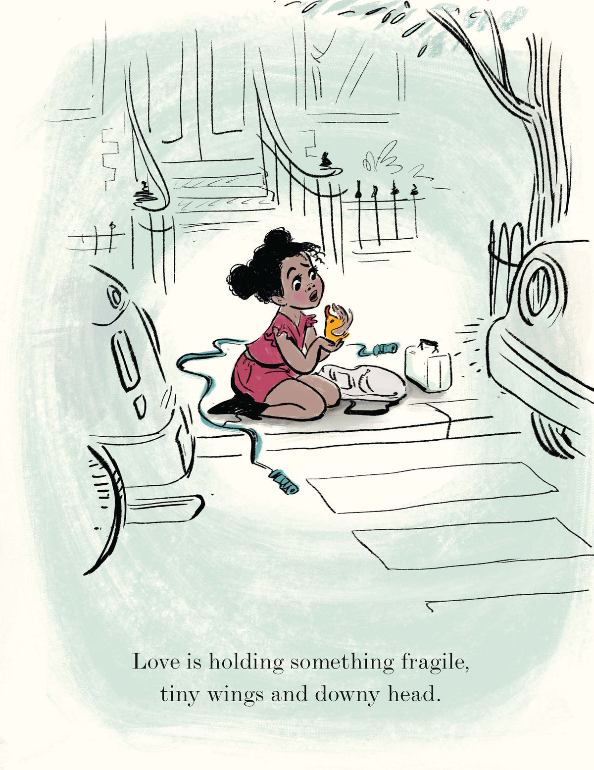Illustration of a child in a diaper sitting on a changing table with text about love and fragility.