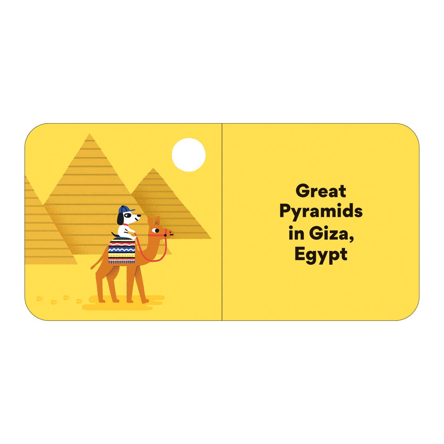 Children's board book featuring a dog riding a camel in front of the pyramids of Giza, Egypt.