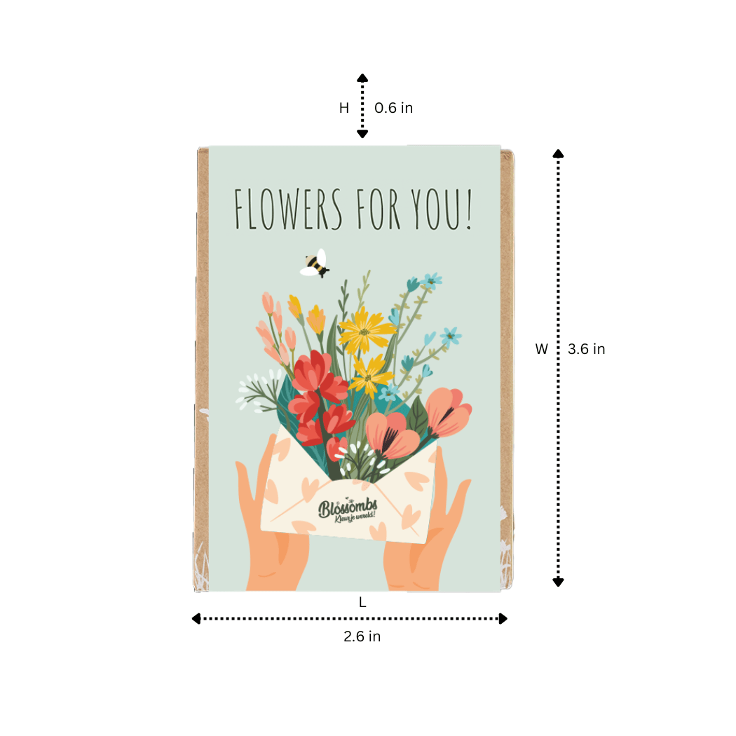 Flowers For You greeting card featuring a bouquet emerging from an envelope held by two hands.