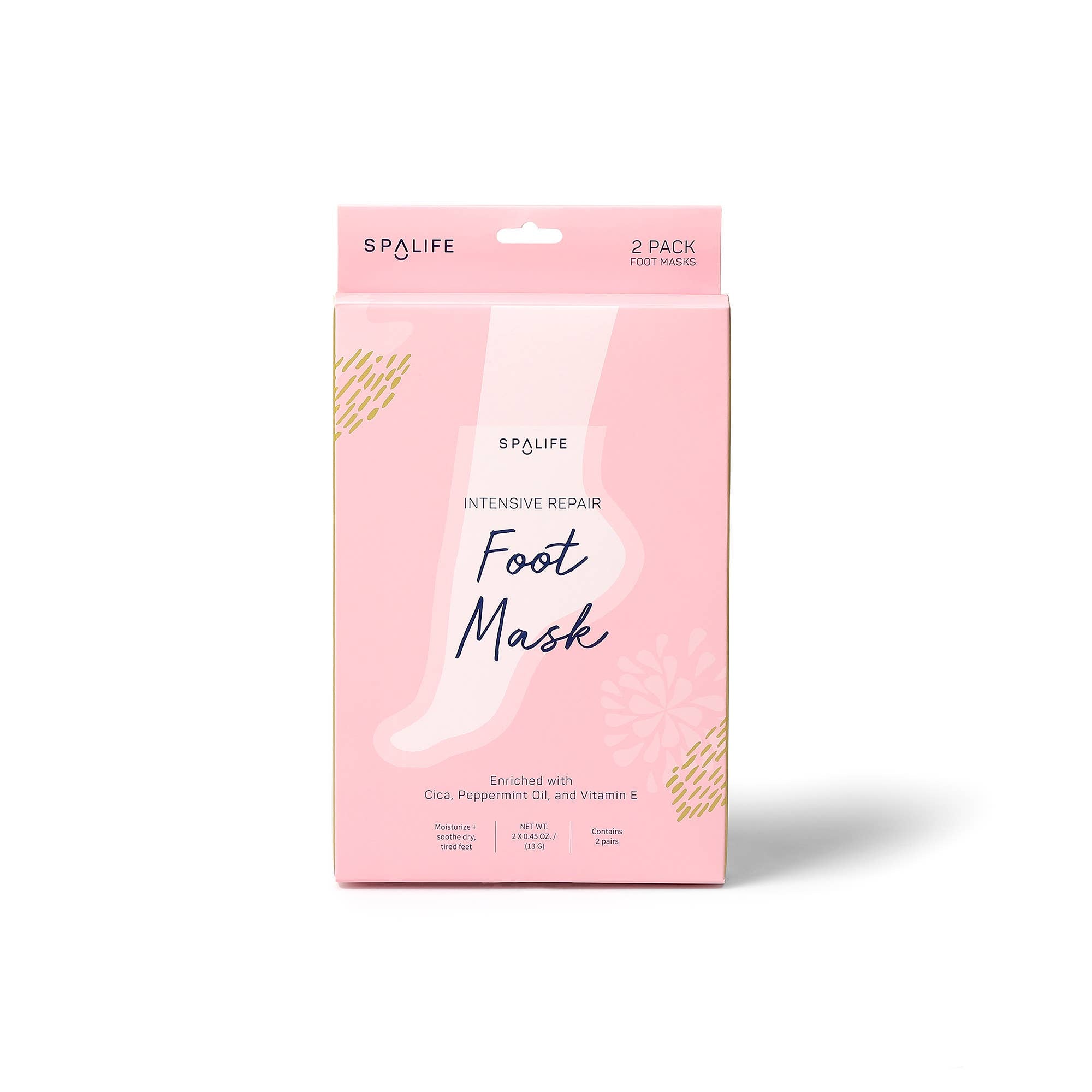 Spalife 2-pack foot masks. Intensive repair formula enriched with Cica, Peppermint Oil, and Vitamin E. Moisturizes and soothes dry, tired feet.