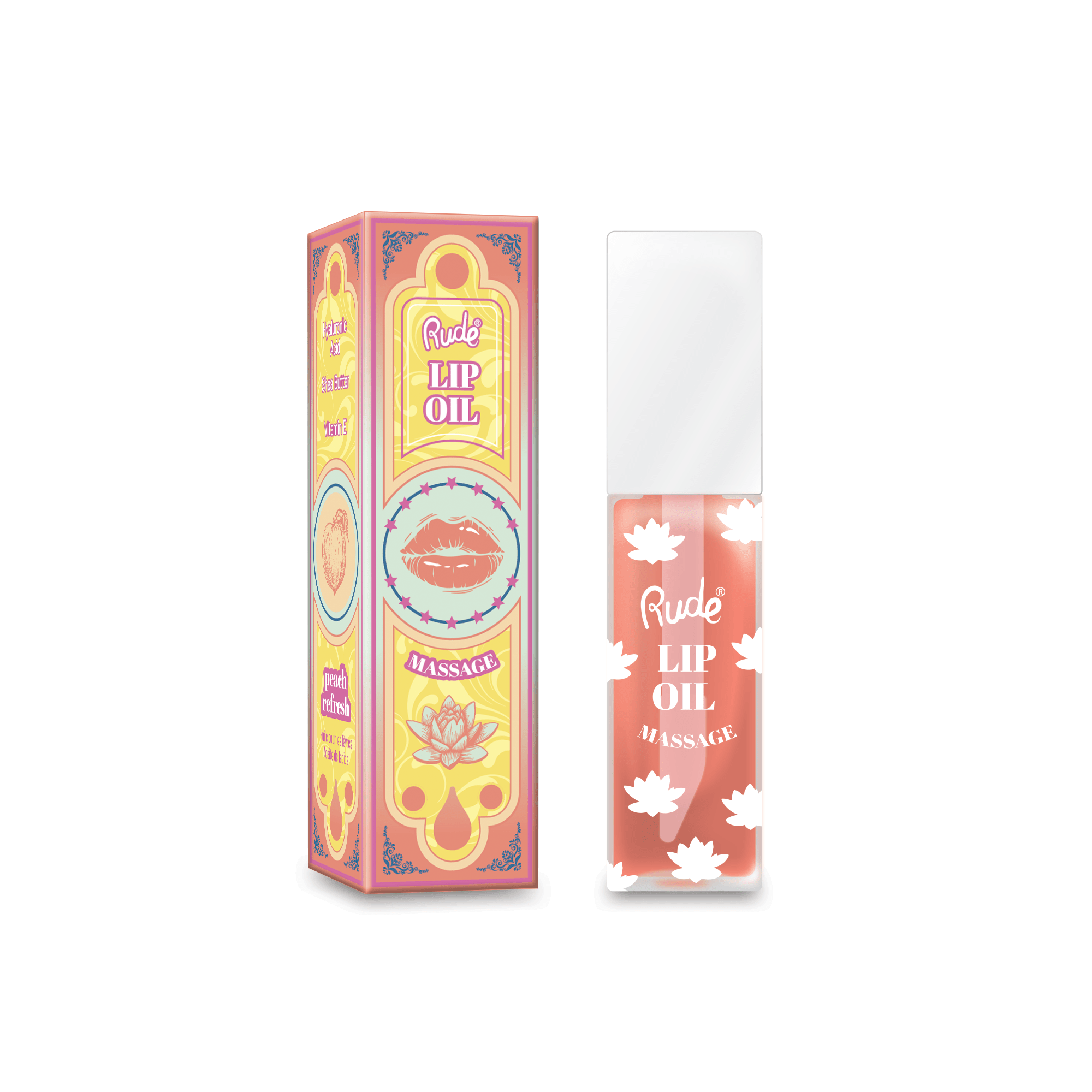 Rude Lip Oil packaging with colorful design on a white background