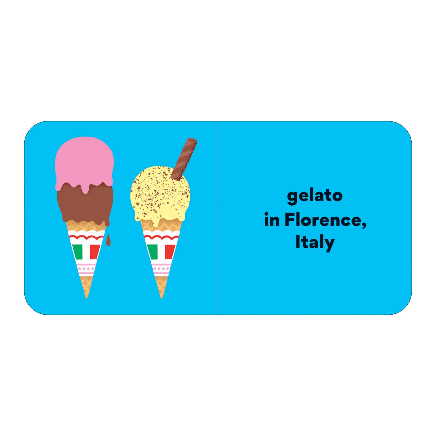 Illustration of two gelato cones, one pink and brown, one yellow with a chocolate stick, on a blue background.
