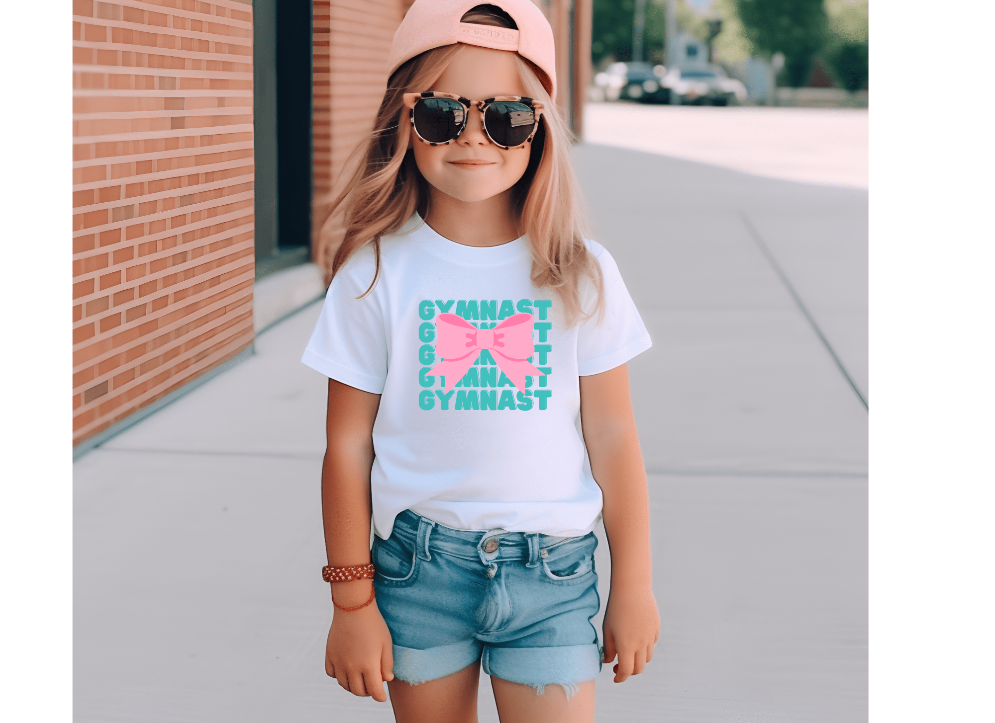 Child wearing a white t-shirt with a pink bow and text, denim shorts, and a pink cap outdoors.