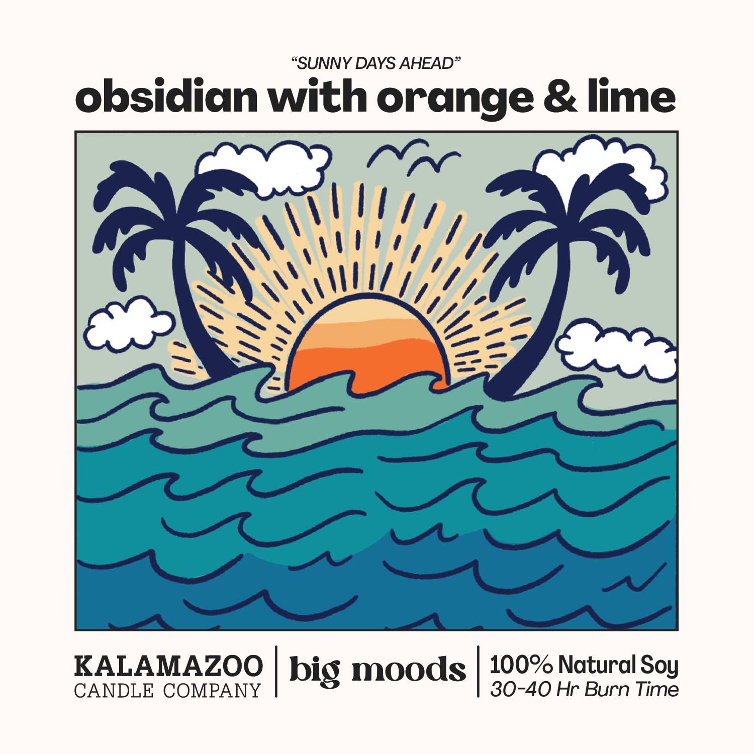 Kalamazoo Candle Company 'Obsidian with Orange & Lime' candle label featuring a tropical beach scene.
