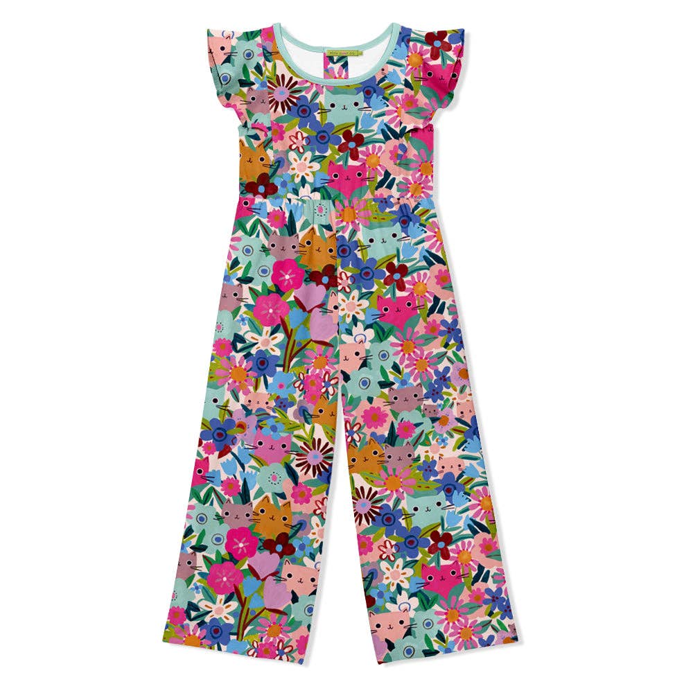 Girl's floral jumpsuit with cat print, short sleeves, and wide legs.