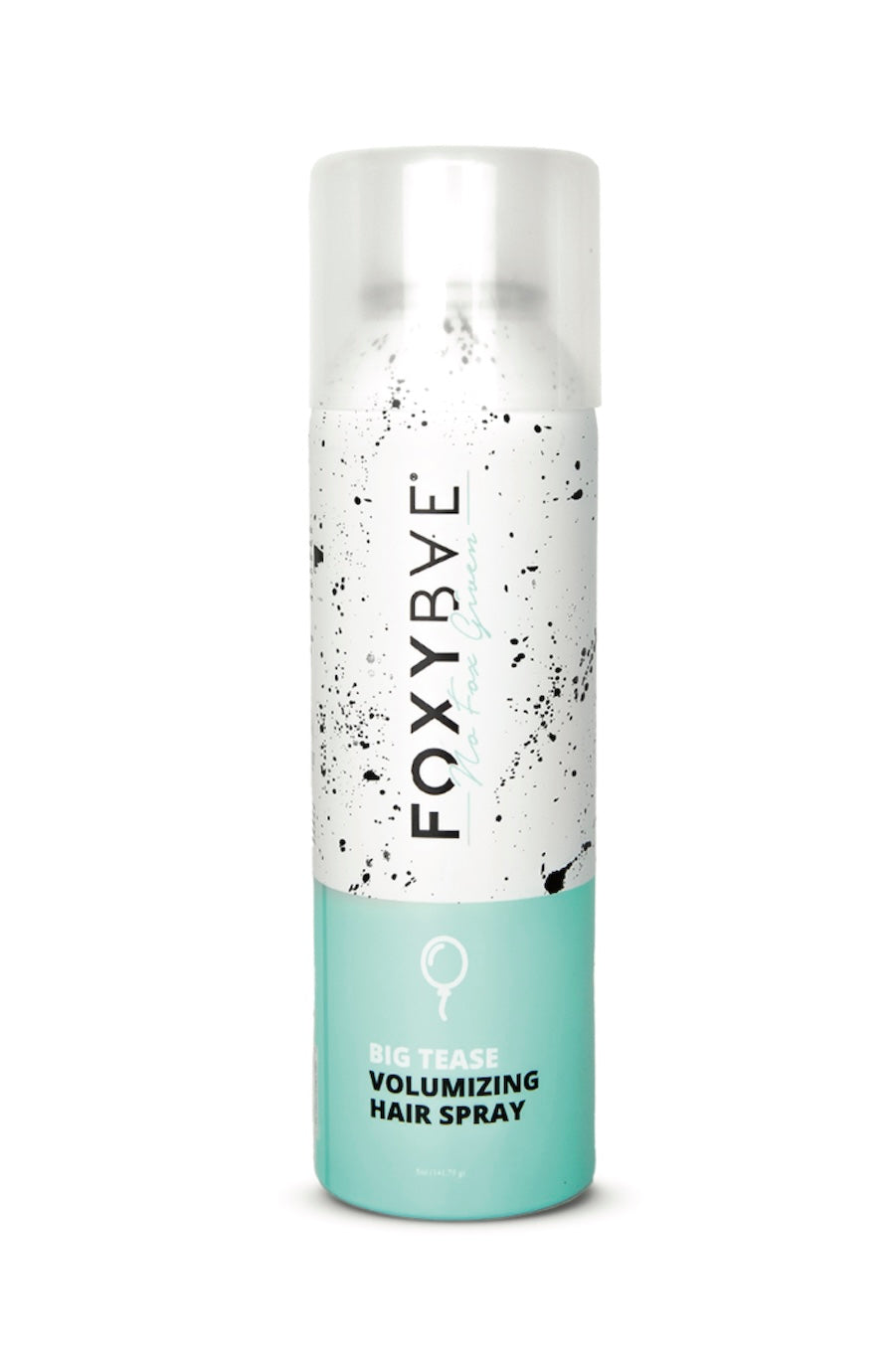 A can of Foxybye Big Tease Volumizing Hair Spray, featuring a white upper section with black speckles and a mint green lower section, on a plain white background.