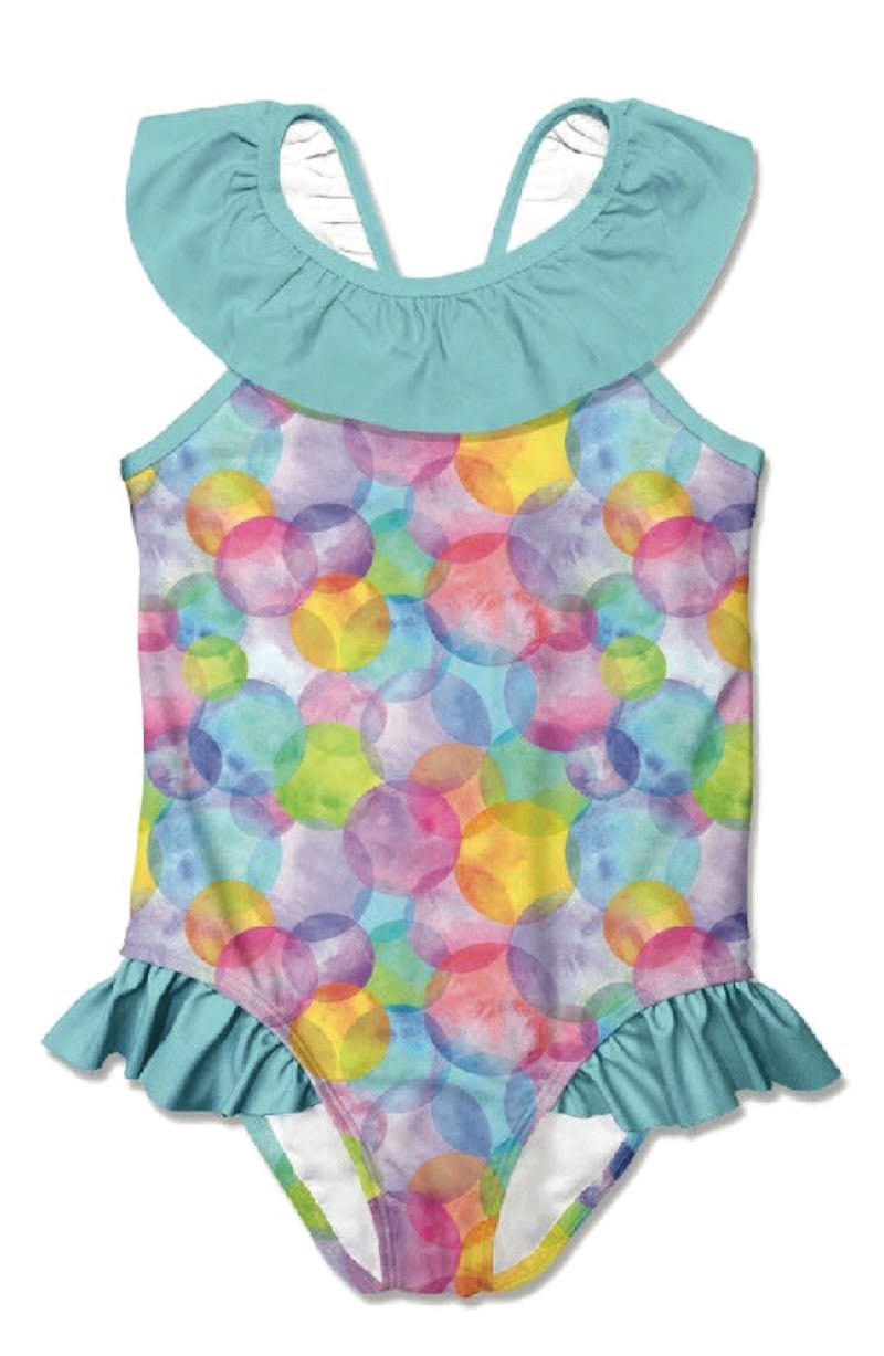 Girls Turquoise Bubbles Bow One - Piece Swimsuit - Size 6 | Foxy's Leotards - Foxy’s