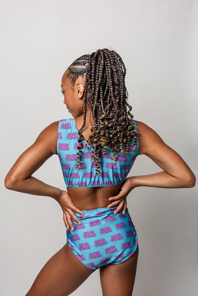 Vibe Check Leotard - Teal Gymnastics Leotard with Good Vibes Print | Foxy's Leos - Foxy’s