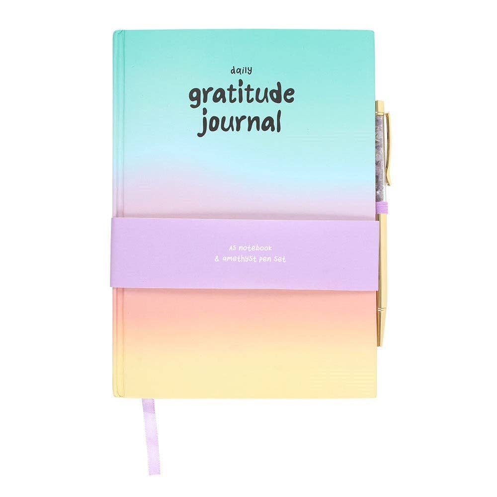 Daily gratitude journal with ombre cover and matching amethyst pen set.