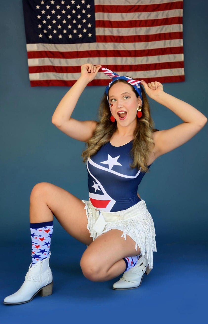 Sweet Freedom Gymnastics Leotard - Patriotic Stars & Stripes for Girls | Foxy's Leotards - Foxy’s