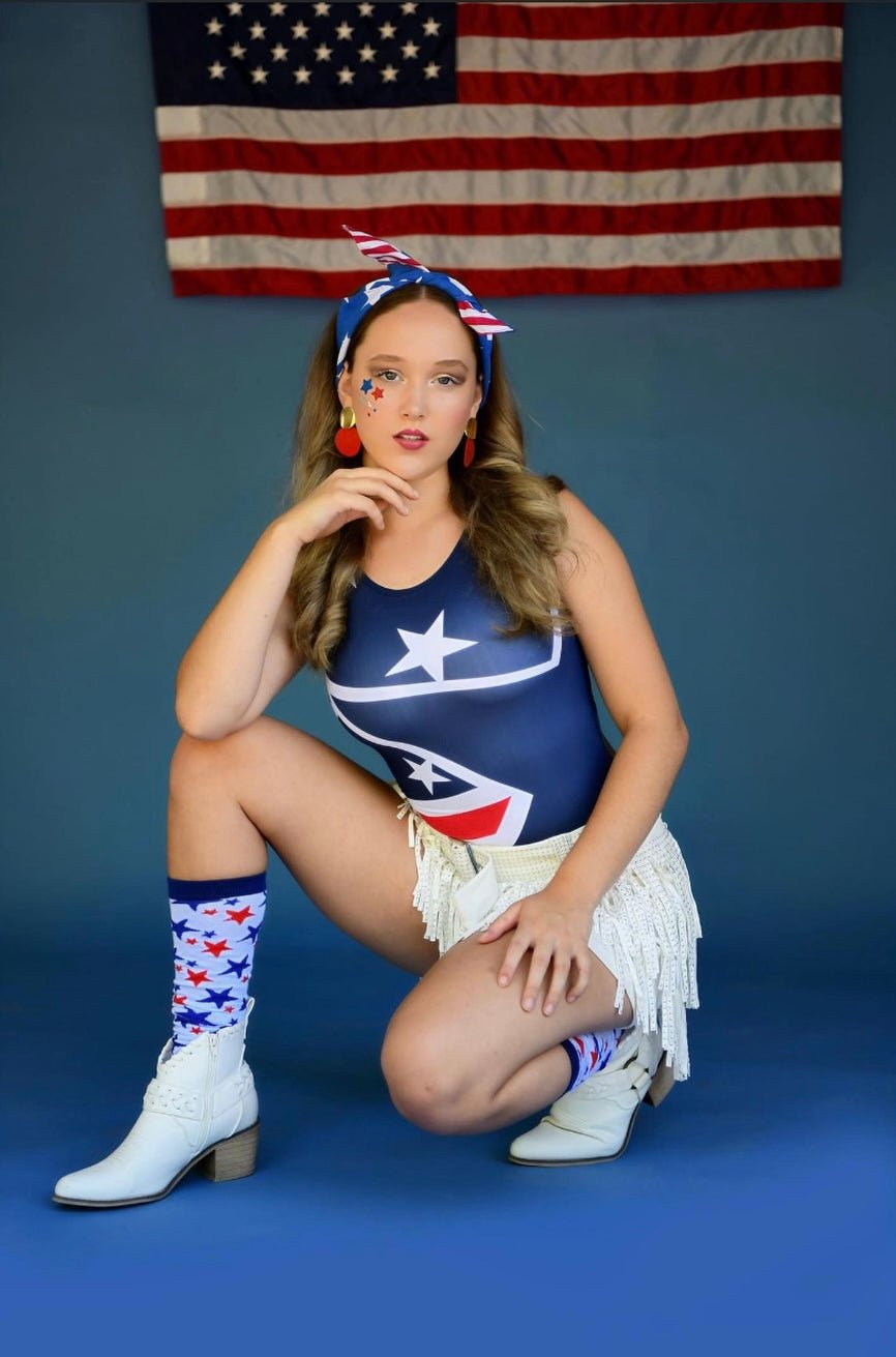 Sweet Freedom Gymnastics Leotard - Patriotic Stars & Stripes for Girls | Foxy's Leotards - Foxy’s