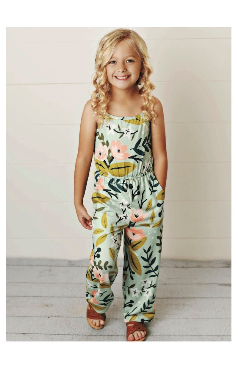 Kids Sage Pink Floral Spring Summer Jumpsuit With Pockets - Foxy’s