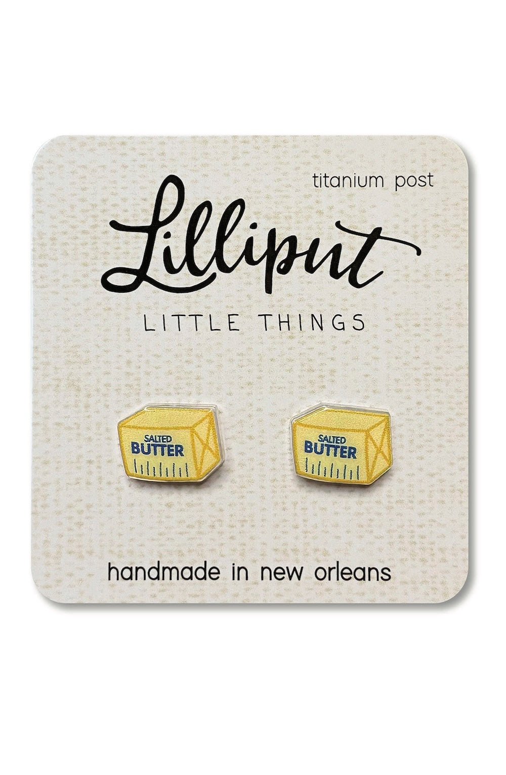 Lilliput earrings on a branded card with 'handmade in New Orleans' text.