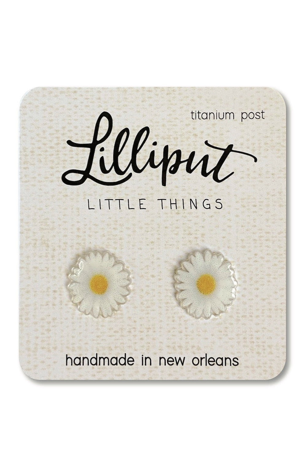 Flower-shaped earrings on a Lilliput Little Things branded card.