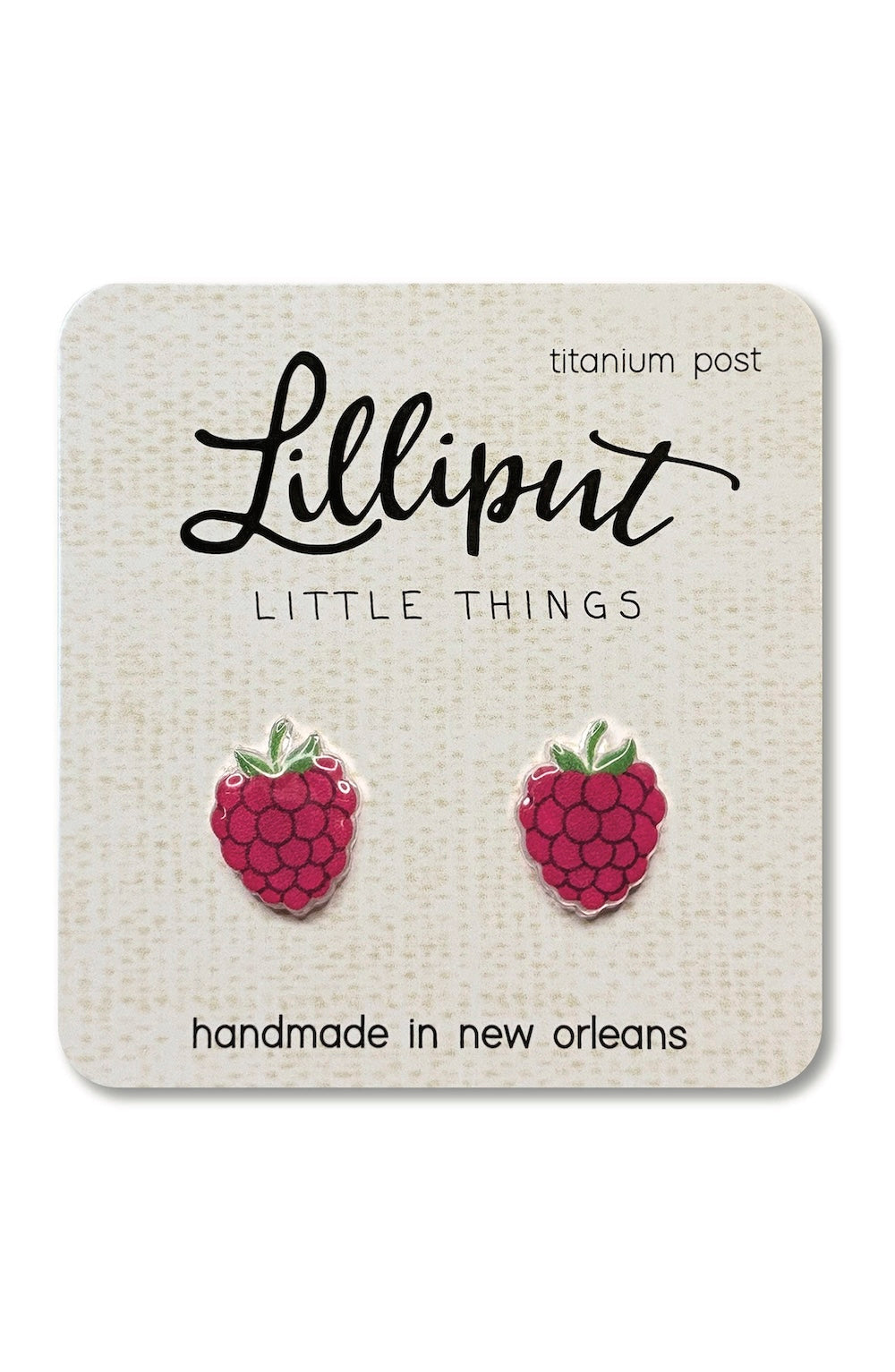 Raspberry earrings on a Lilliput Little Things branded card with 'handmade in New Orleans' text.