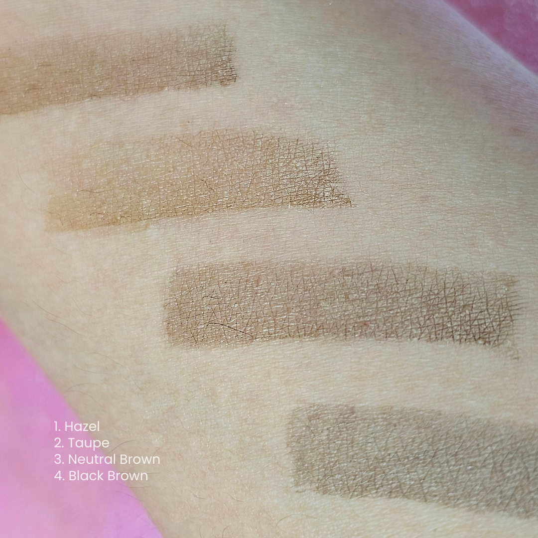 Eyebrow pencil swatches labeled with colors on a skin-like background