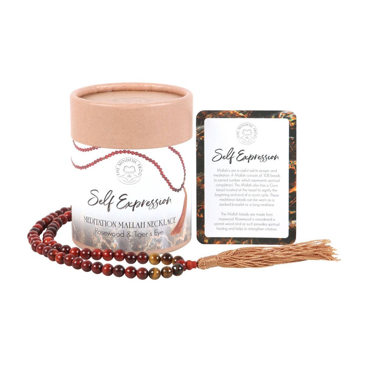 Rosewood & Tiger's Eye Mala Bead Necklace for meditation and self-expression.