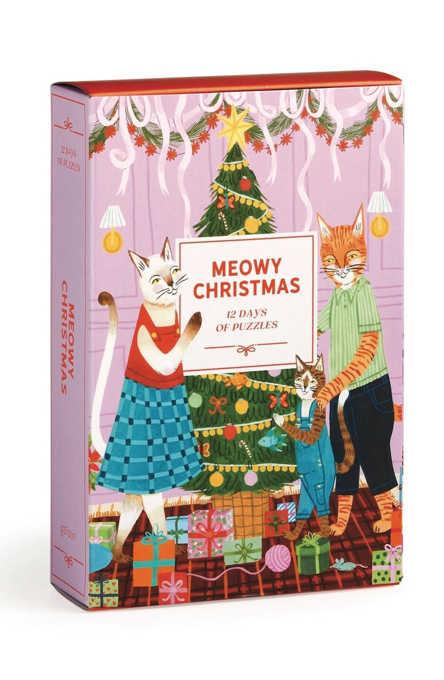 A boxed puzzle book titled "Meowy Christmas" with illustrated cats and a Christmas tree on the front cover, photographed on a clean white background.