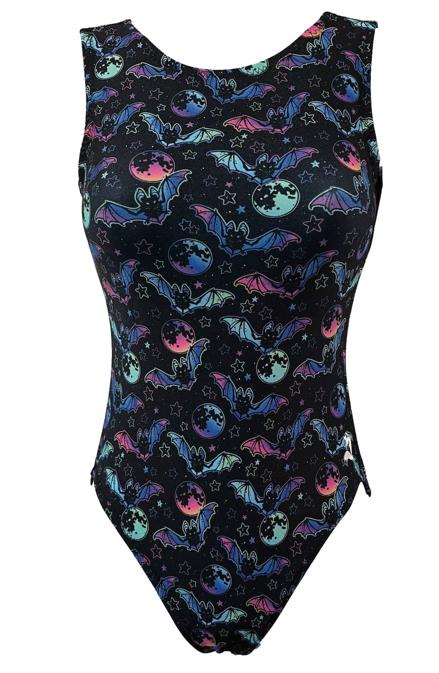 A sleeveless Halloween leotard with a black background covered in a colorful repeating print of bats, moons, and stars in neon blue, pink, purple, and teal, shown on a plain white background.