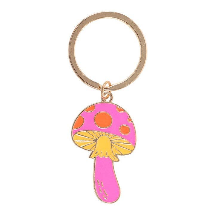 Pink mushroom keychain with orange spots and gold-tone ring.