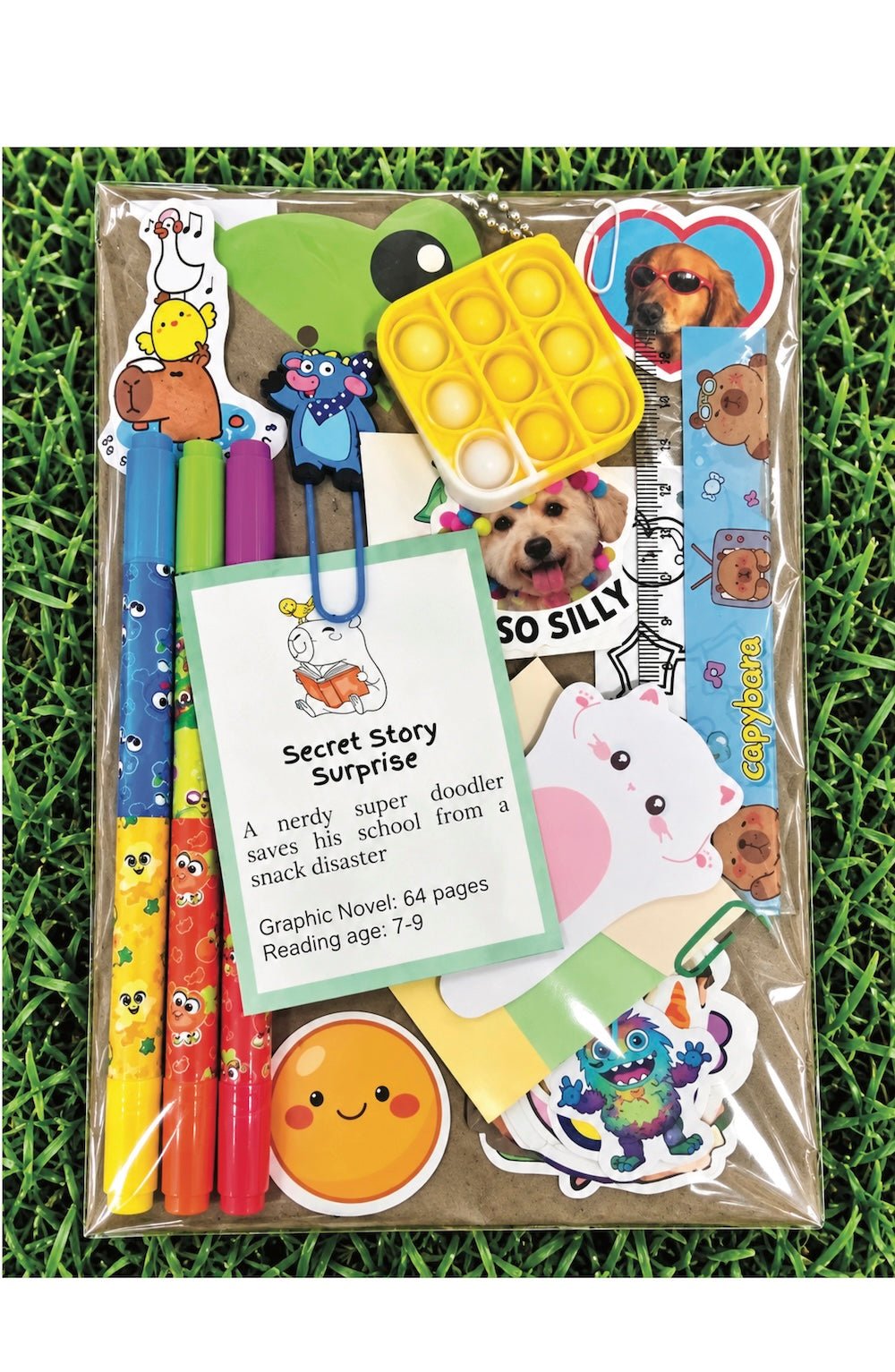 package of mystery childrens book with other little suprises like secret sensory toy, markers, stickers, and more