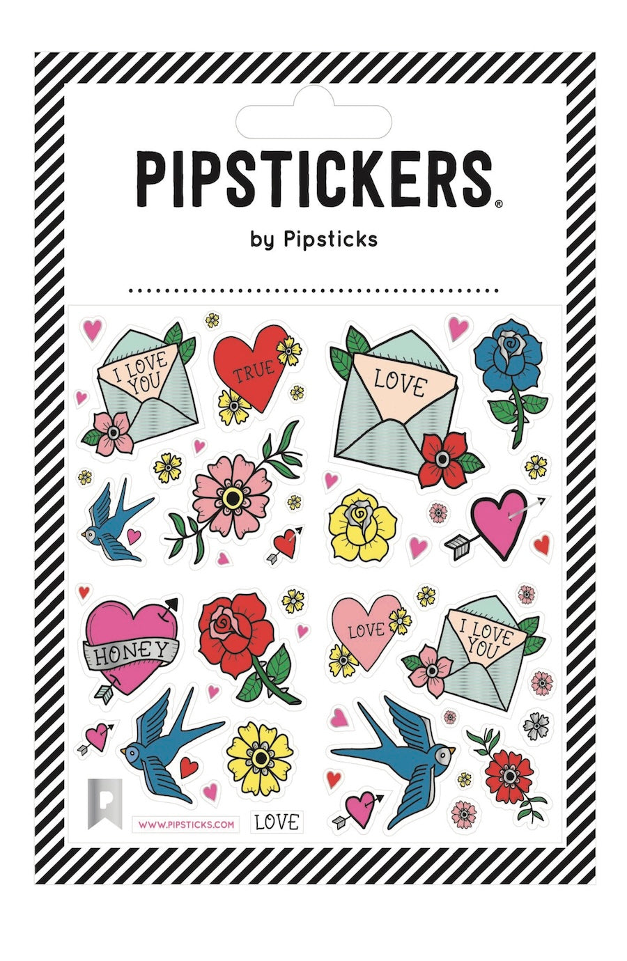 Packaging of Pipstickers with colorful love-themed stickers on a white background