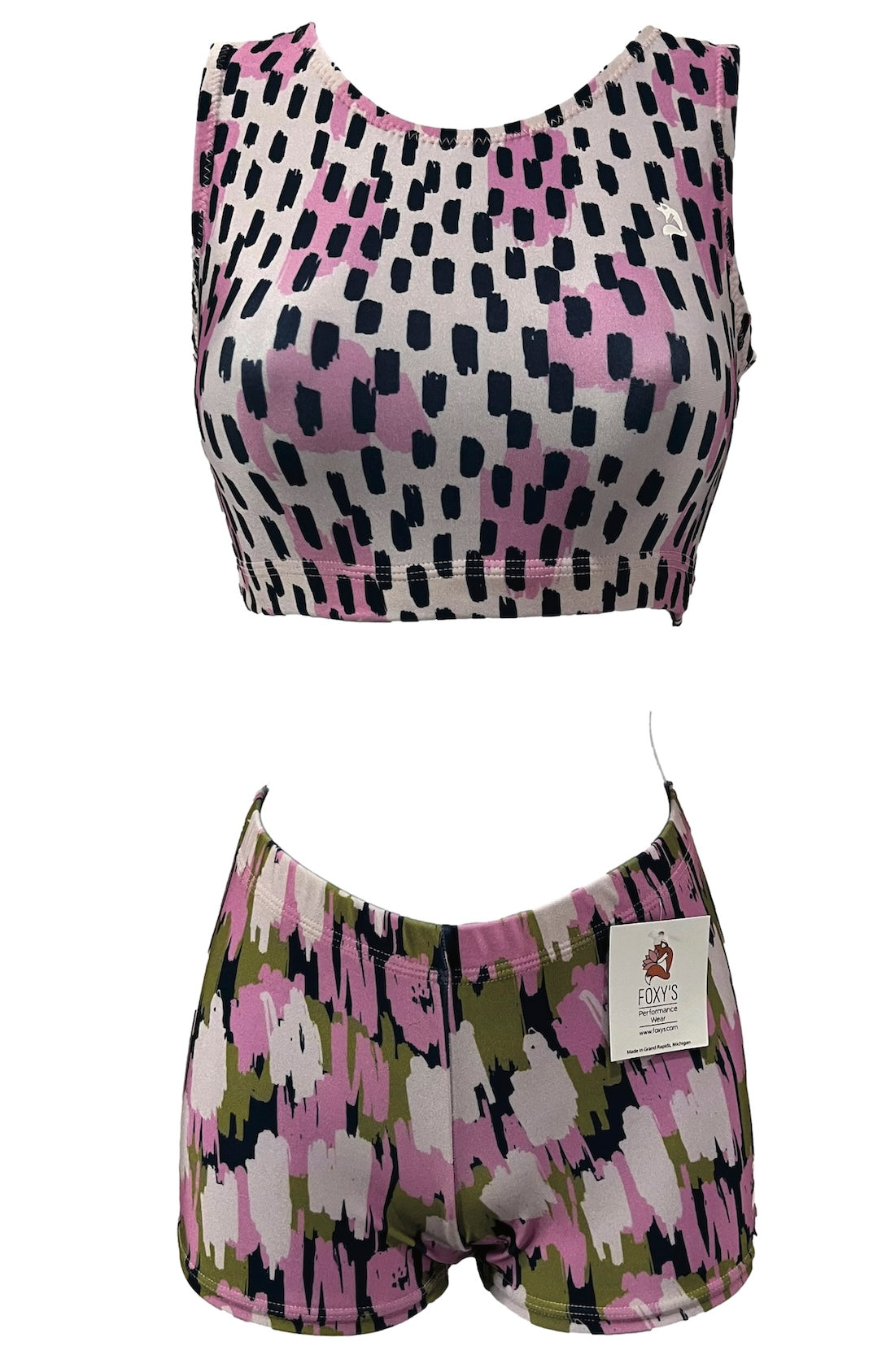 Two-piece outfit with a patterned top and shorts on a white background