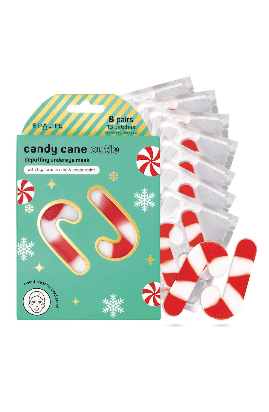 pack of 8 pair of Christmas candy cane undereye patches for gifting teens the Christmas