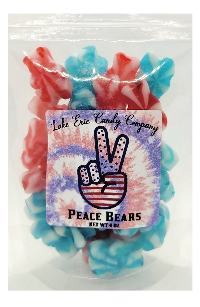 Packaged candy labeled 'Peace Bears' with a tie-dye design and 'Lake Erie Candy Company' branding.