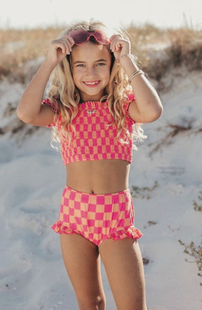 Girls' Hot Pink Tangerine Checkered Swimsuit - Size 5 - Foxy's Leotards - Foxy’s