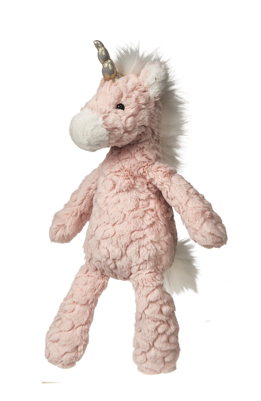 A pink textured plush unicorn toy with a white muzzle, white mane, and a metallic gold horn, shown against a plain white background.