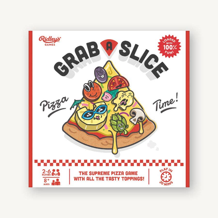 Ridley's Games Grab a Slice Pizza Time! Card Game. Box cover featuring pizza slice graphic with toppings.