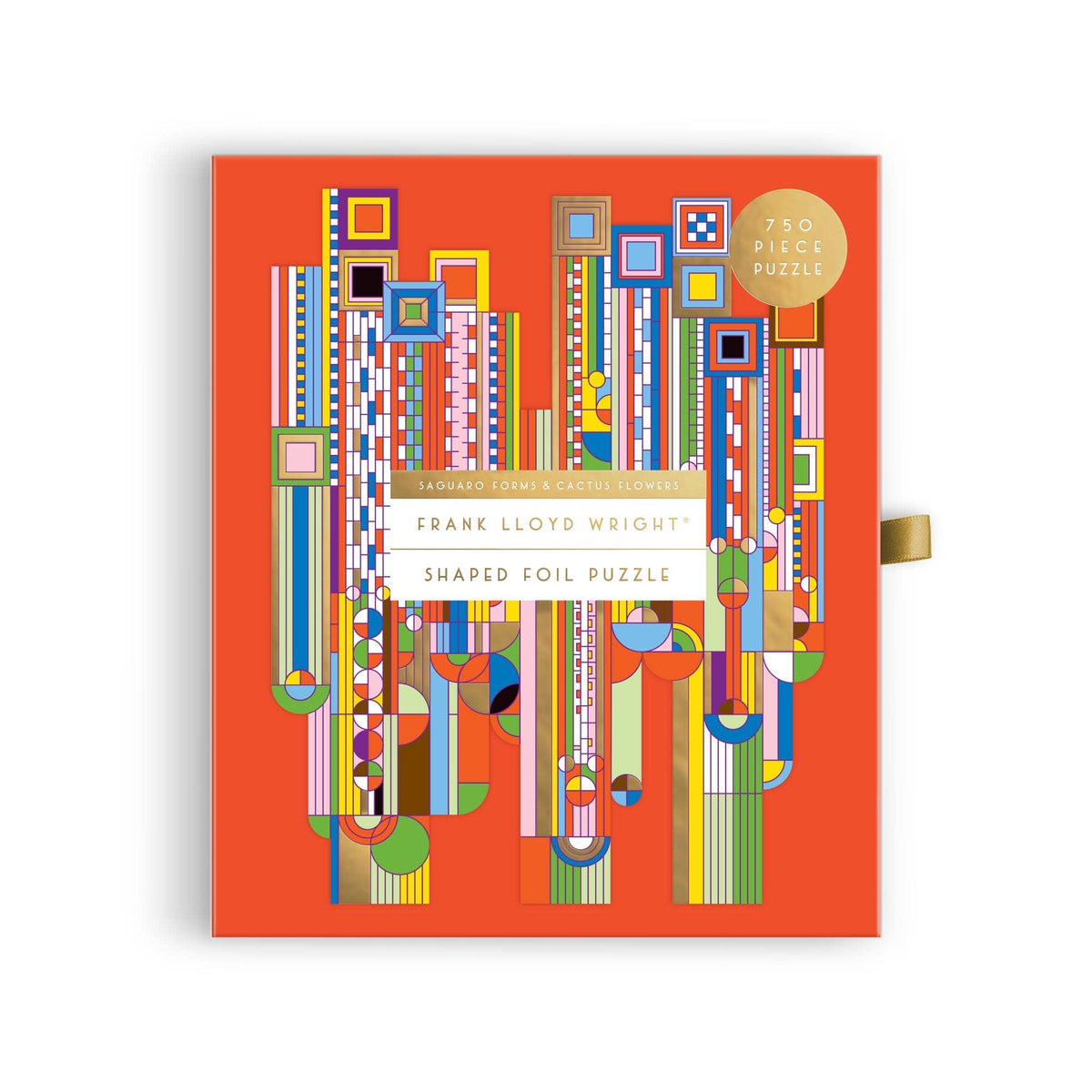 Colorful puzzle box with geometric design on an orange background