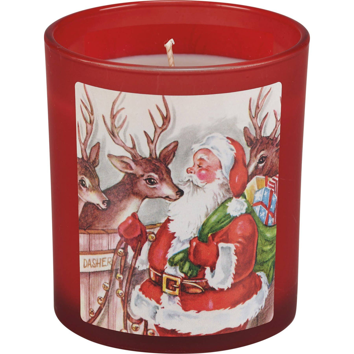 Red candle with a Santa Claus and reindeer design on a white background