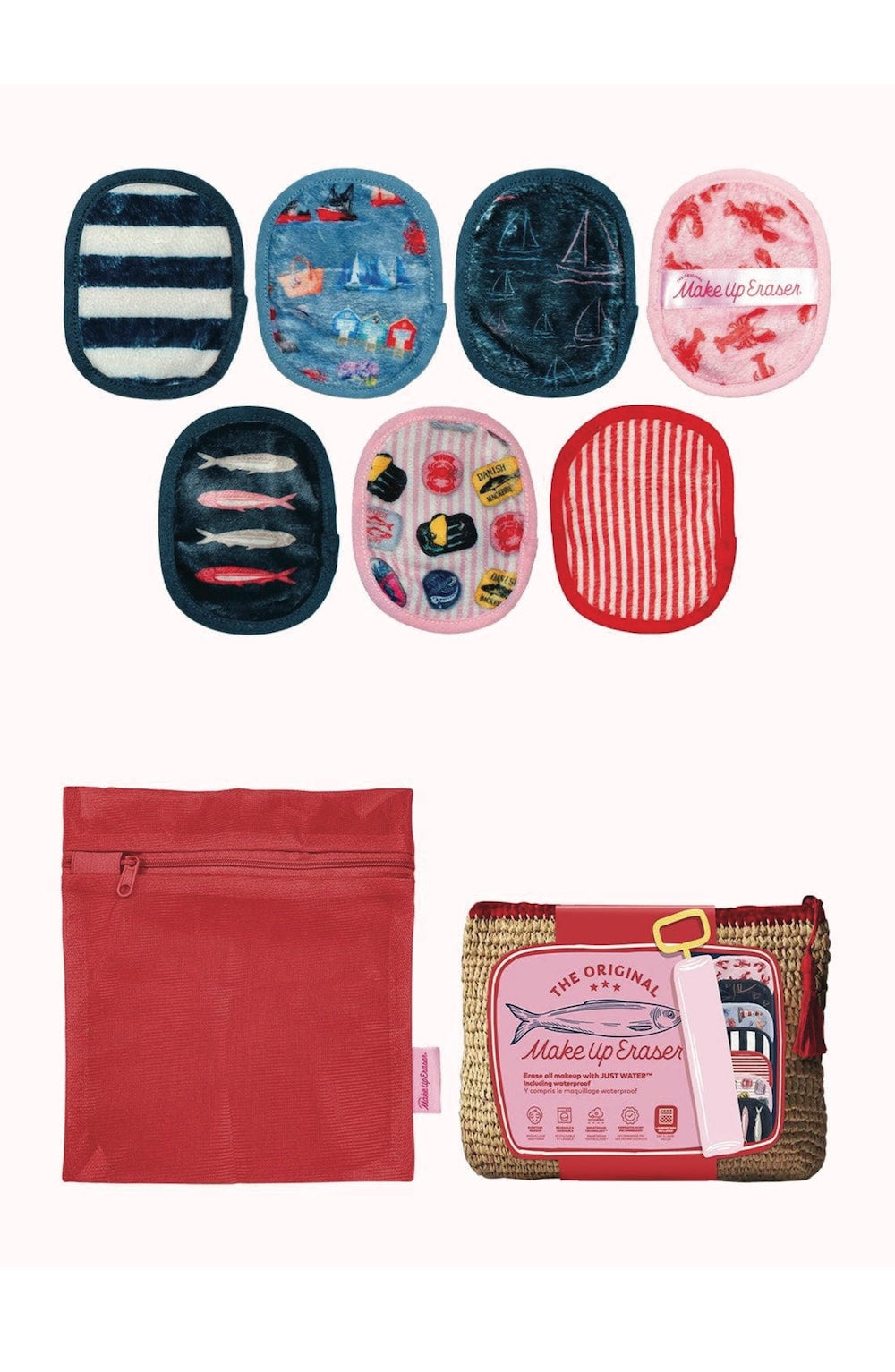 Collection of small containers with various designs and a red pouch on a white background