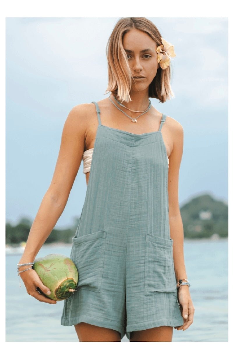Comfy Sage Cotton Romper – Adjustable Straps & Pockets for Everyday Adventures! ✨ - Foxy’s