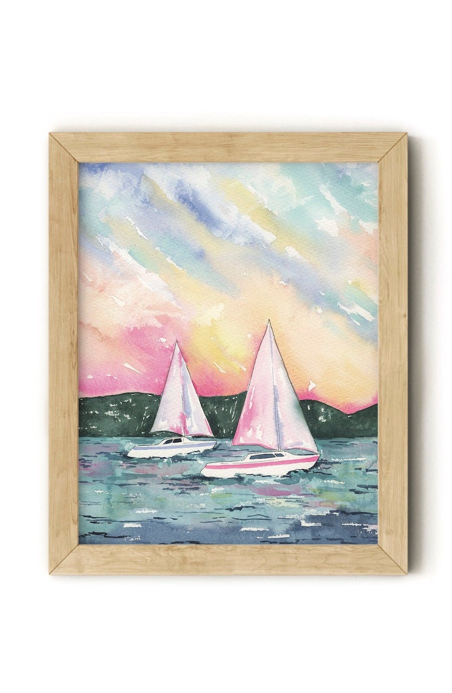 Sunset Sailboats Beach Art, Coastal Watercolor Wall Art - Foxy’s