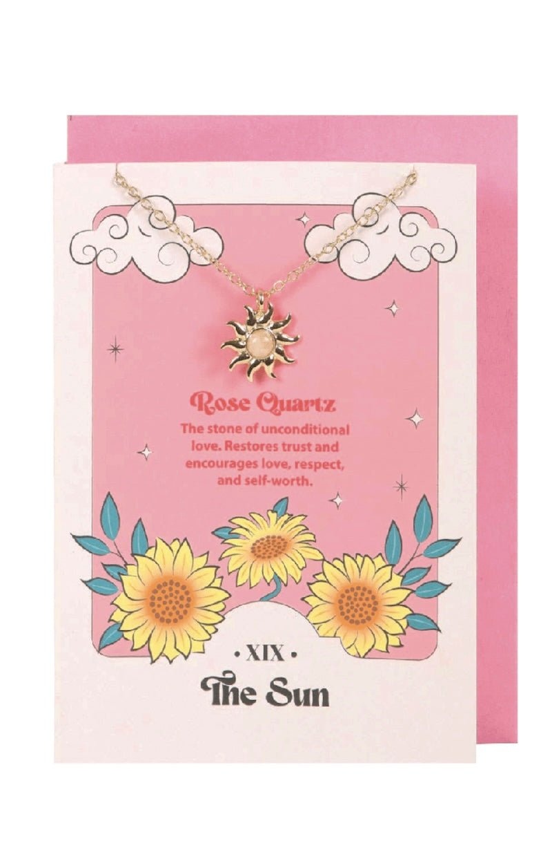 The Sun Celestial Rose Quartz Necklace Greeting Card - Foxy’s