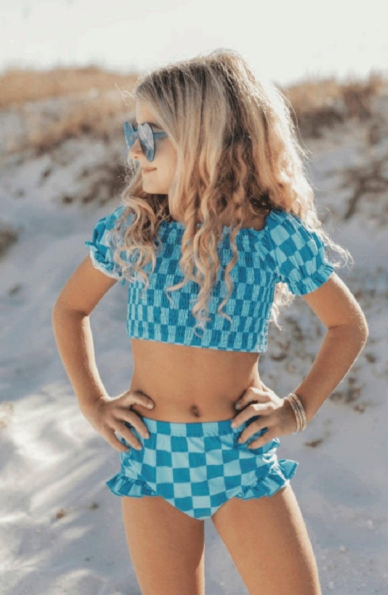 Girls Checker Ruched 2 Piece Swimsuit (Comes in 2 Color Options) - Foxy’s