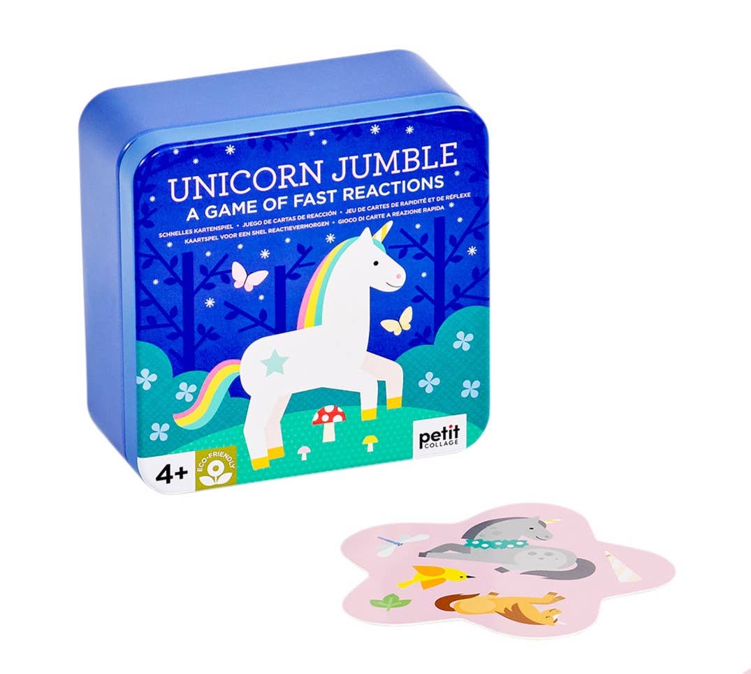 Unicorn Jumble card game in blue tin by Petit Collage. A game of fast reactions. Eco-friendly toy for ages 4+