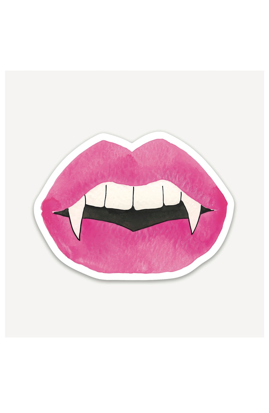 A die-cut sticker featuring a watercolor-style illustration of pink lips with white vampire fangs and a black mouth interior, shown on a light gray background.