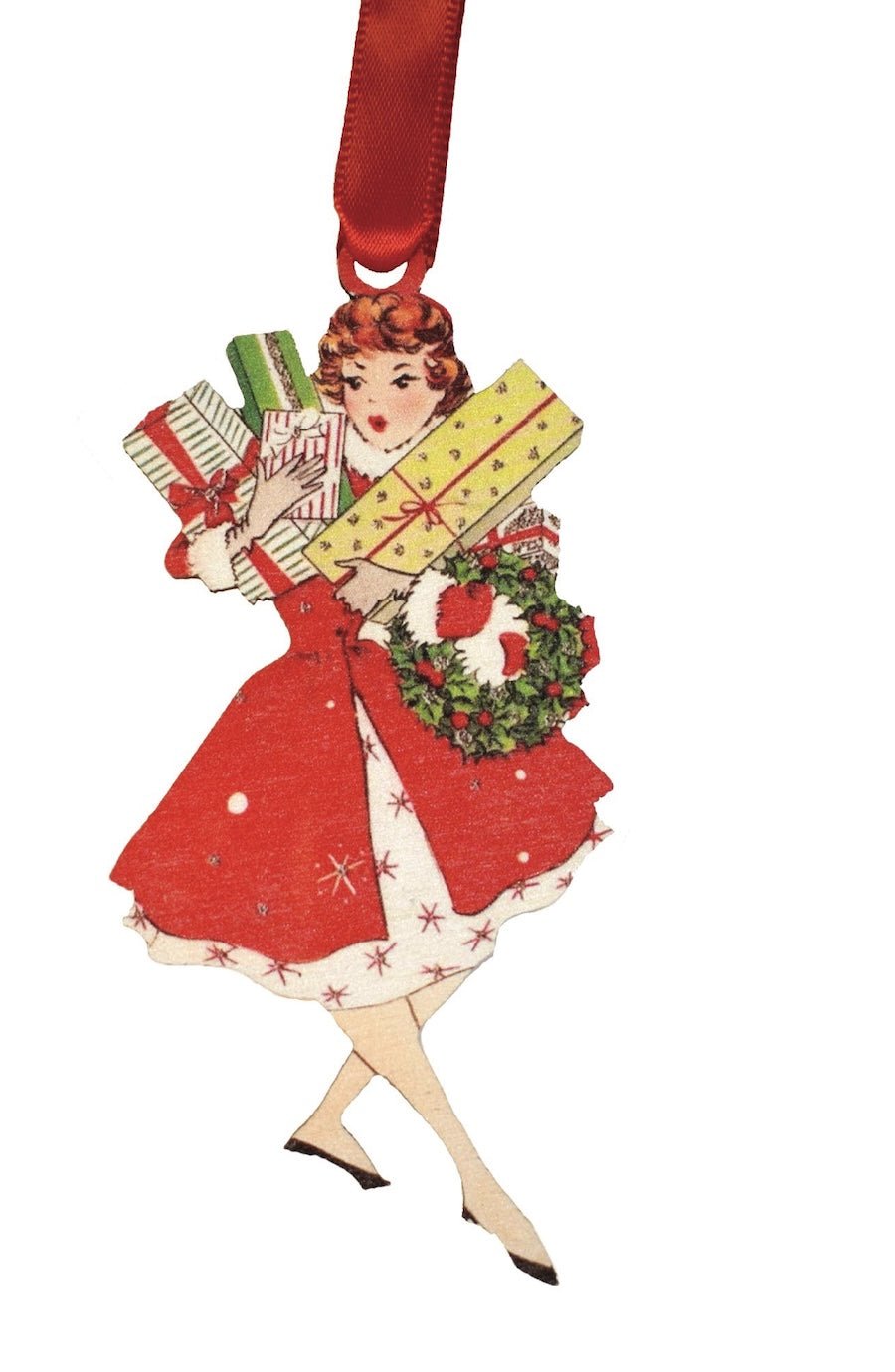 Vintage Lady with Presents Wooden Ornament - Foxy’s