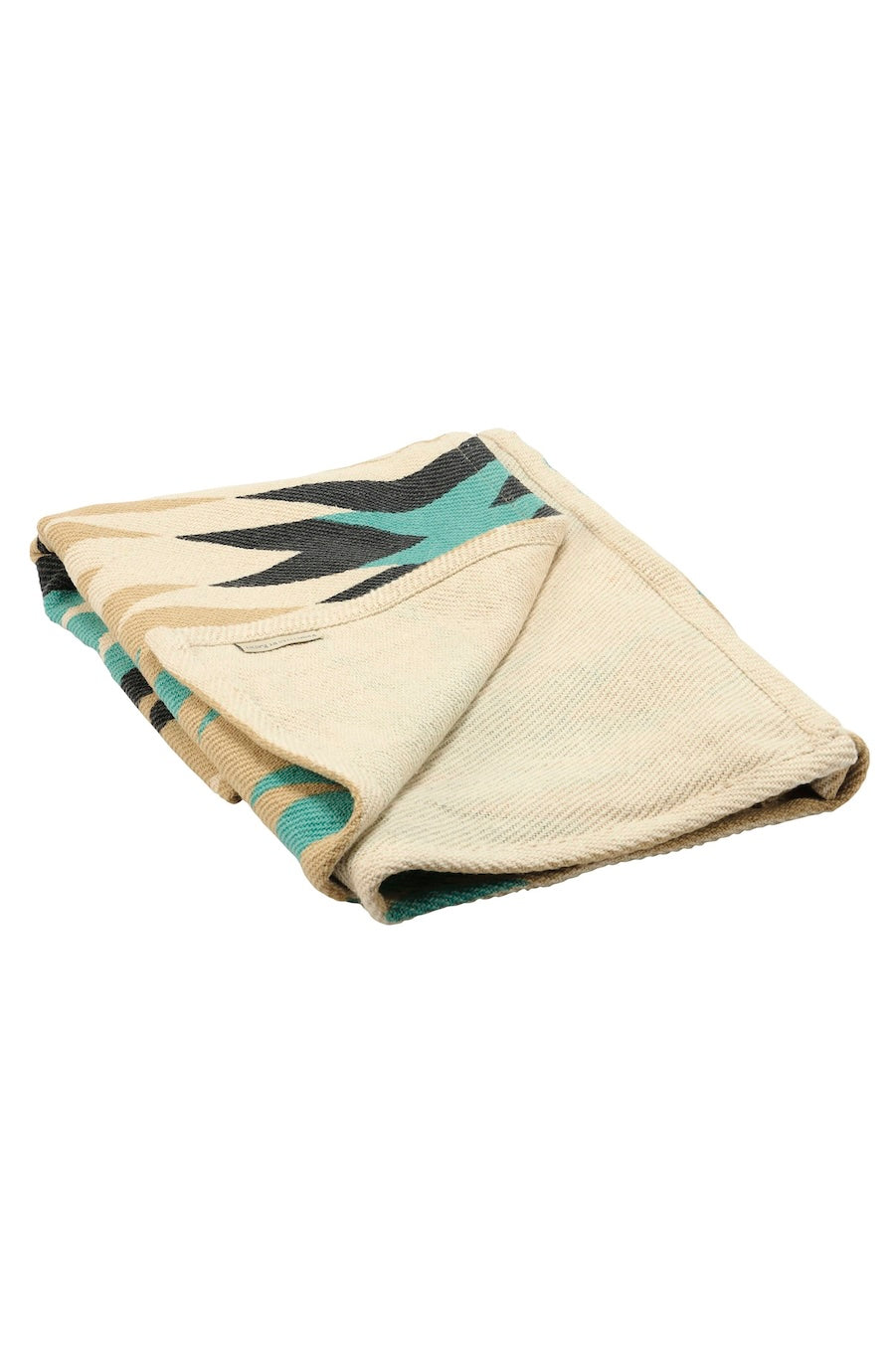 A folded woven blanket or throw in a natural beige tone, featuring a Southwestern-style geometric pattern in black and teal, shown against a plain white background.