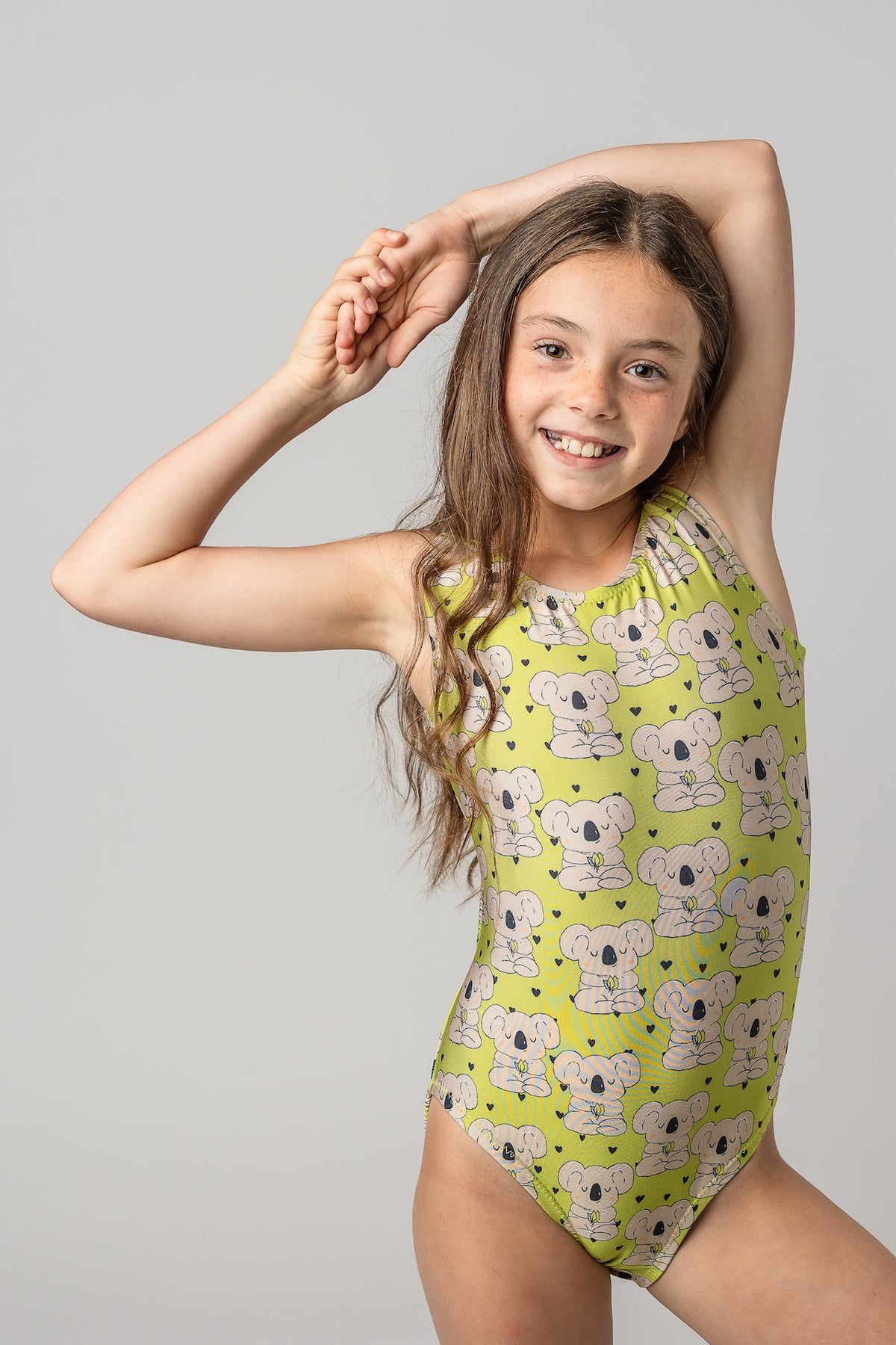 green leotard with meditating koalas