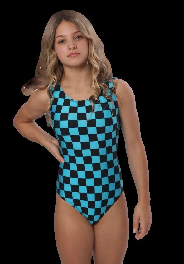 turquoise and black checkered leotard on a model