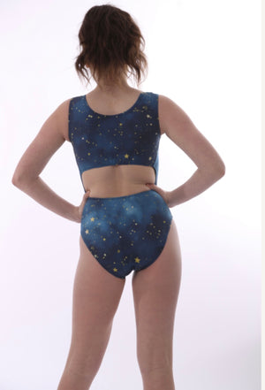 Midnight sky navy blue gymnastics leotard with gold stars 