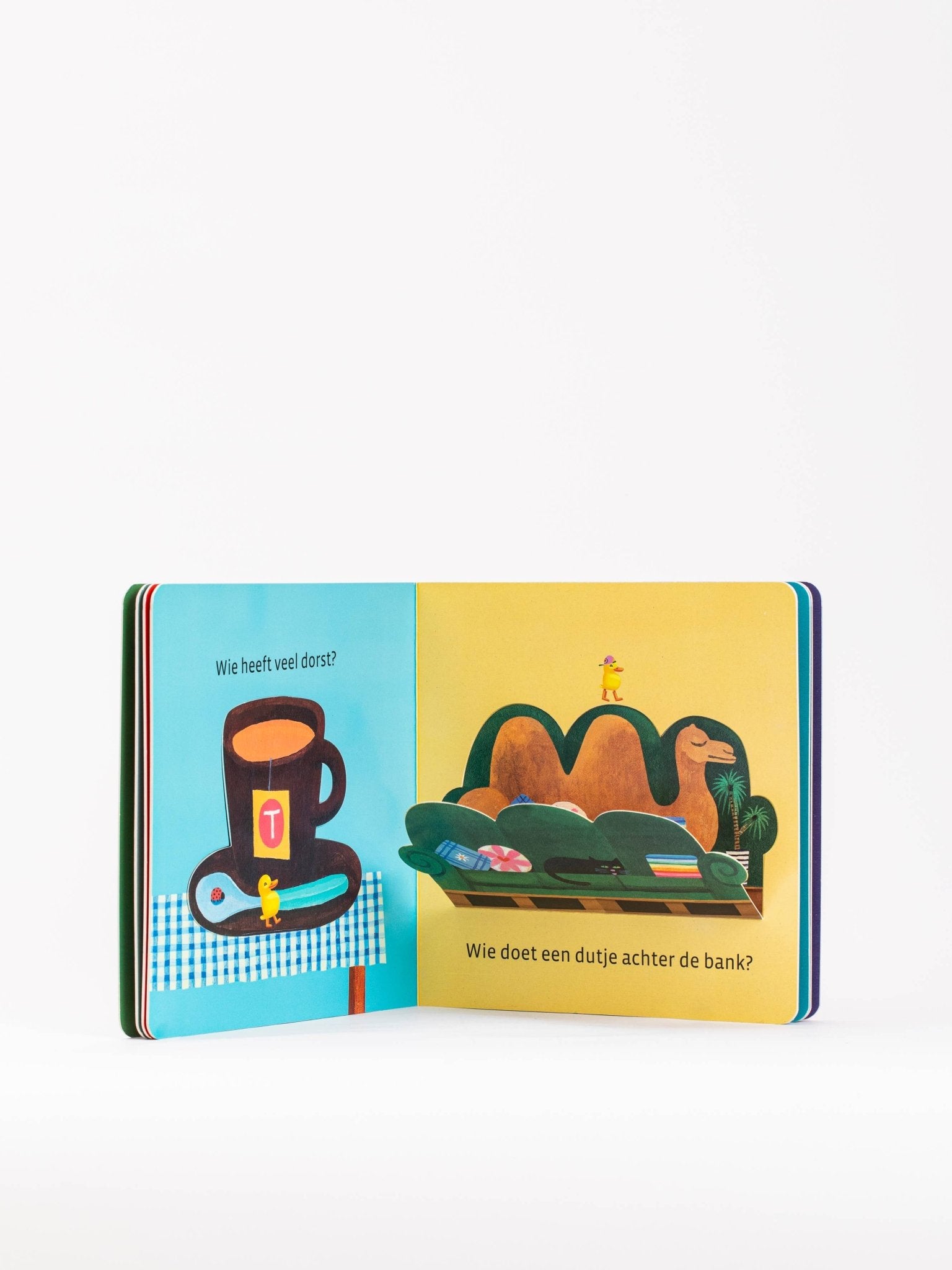 Open book with colorful illustrations on a white background