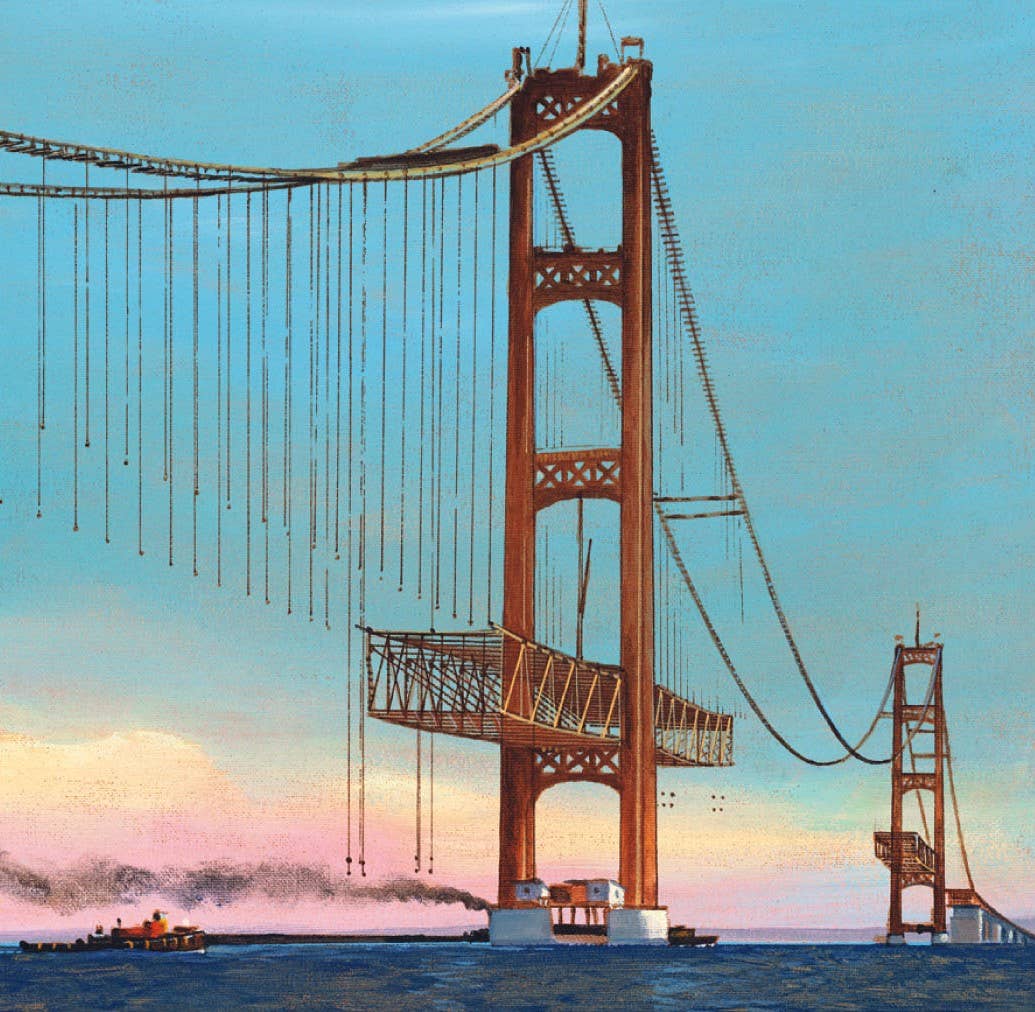 Painting of the Golden Gate Bridge under construction with towers, cables, and a boat.
